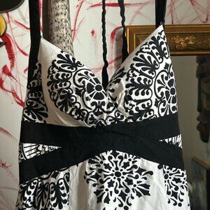 Elegant Black and White Patterned Halter Dress Medium by Majora